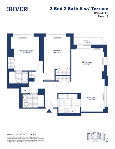 Floor plan for 2 beds, 2 baths, 1071 sqft